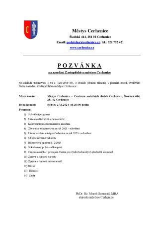Pozvánka na zasedání Zastupitelstva městyse Cerhenice