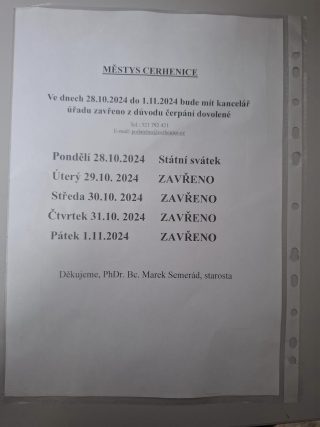 Úřad městyse Cerhenice – dovolená